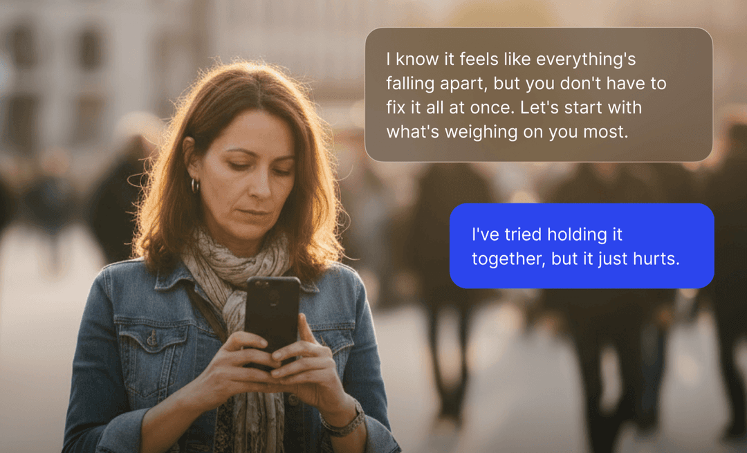 Woman walking with phone, chat bubble overlays