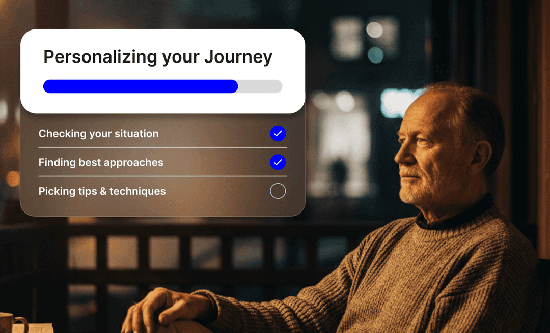 Older man reflecting, with a personalizing-your-journey app card