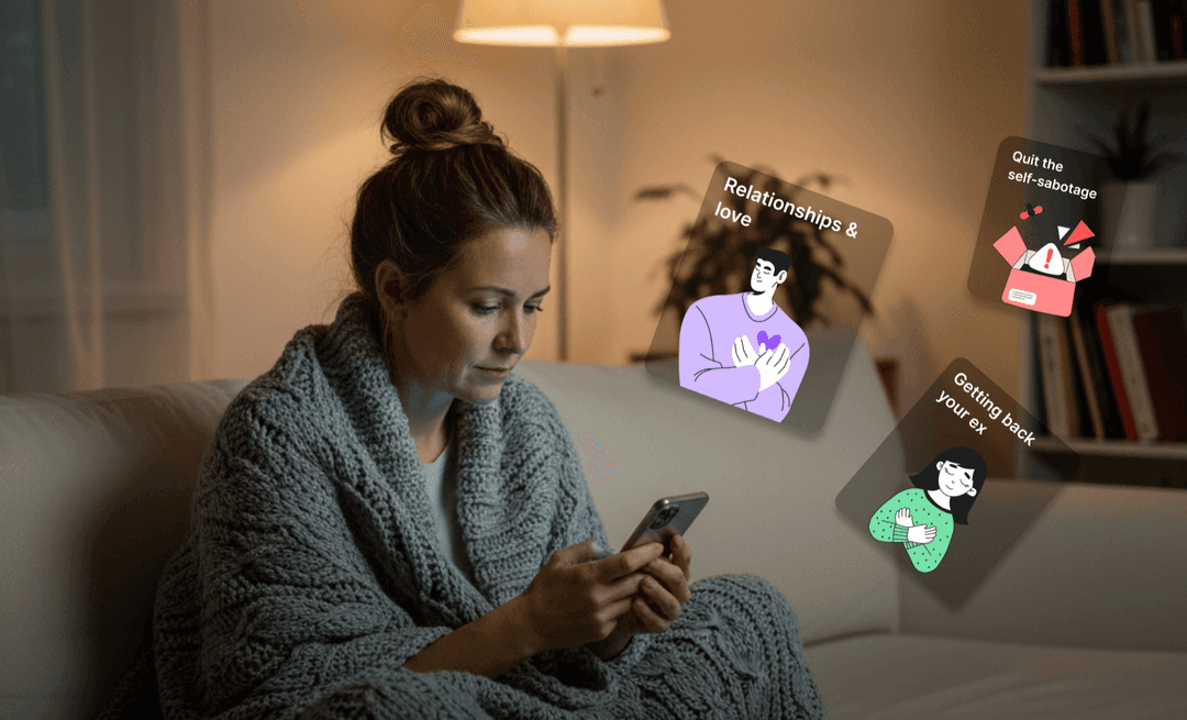 Woman on couch with phone, learning content cards floating around
