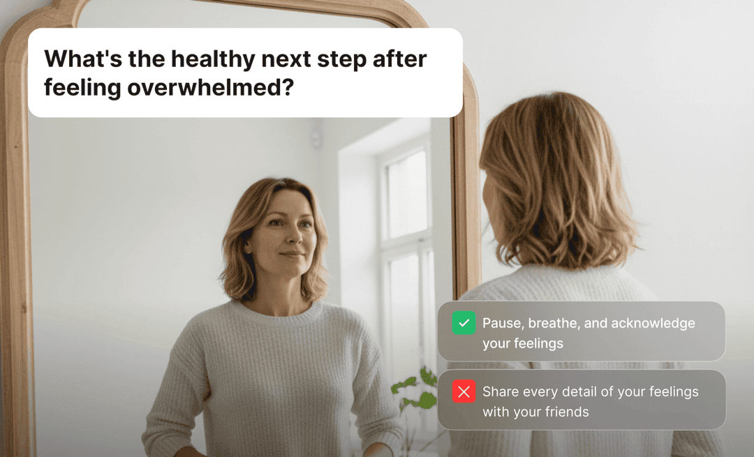 Woman looking in mirror with practice prompts